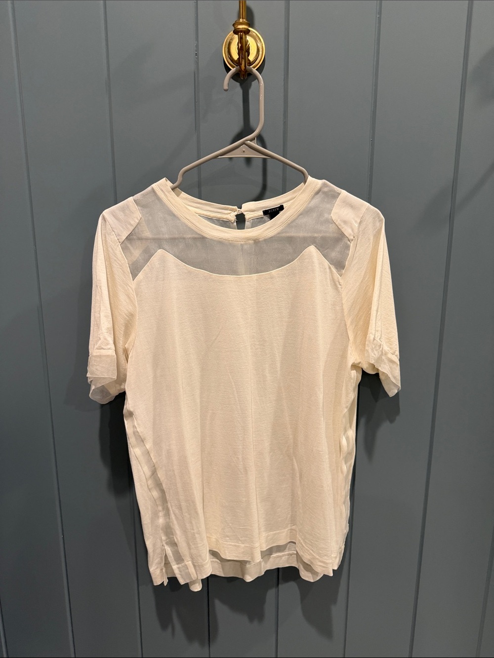 J. Crew Cream Short-Sleeve Sheer-Yoke Top
